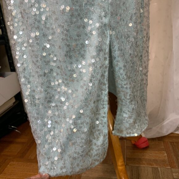 JS Collections CLAIRE Tea Length Sequined Dress Sz 10 Light Aqua Frozen - Picture 7 of 11